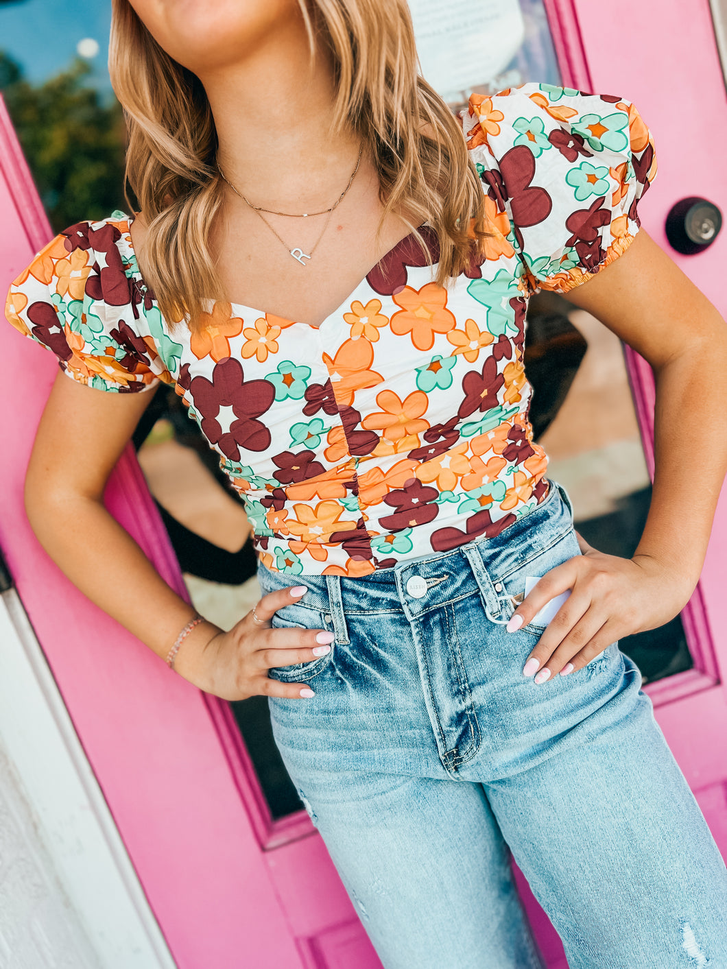 Retro floral puff sleeve top