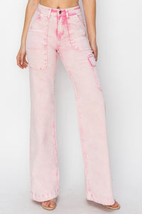 High Rise Pink Acid Wash Cargo Jeans