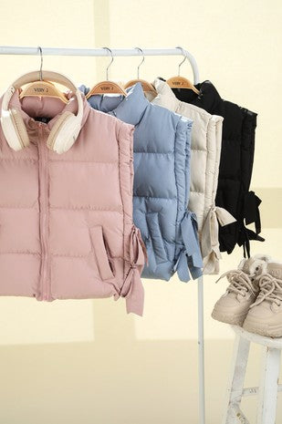 Crop puffer vest w/ bows