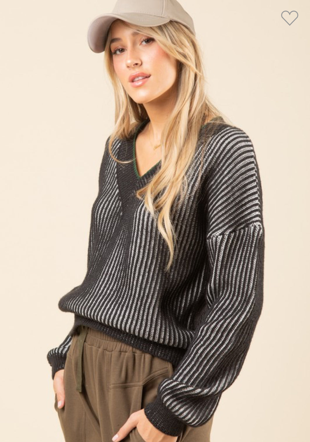 Oversized two tone ribbed v neck sweater