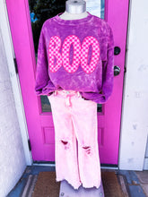 Load image into Gallery viewer, Purple + Pink BOO sequin bleached French Terry sweater
