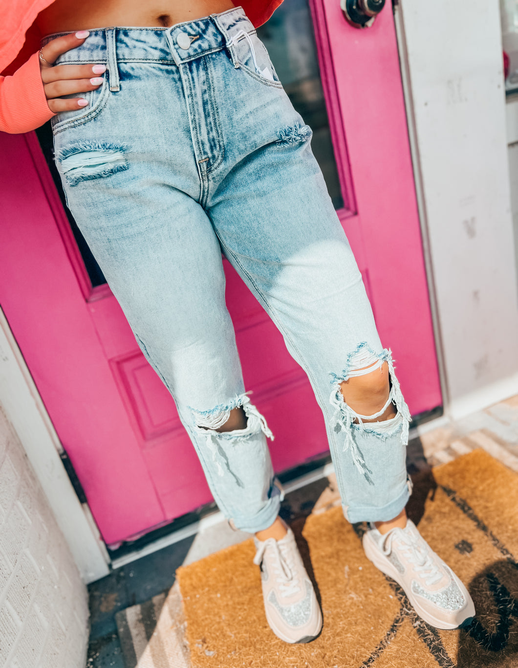 Distressed light wash boyfriend jeans