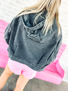 Black hooded crop denim jacket