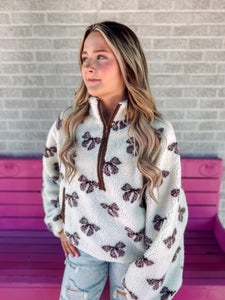 Cream Fleece bow zip up with pockets