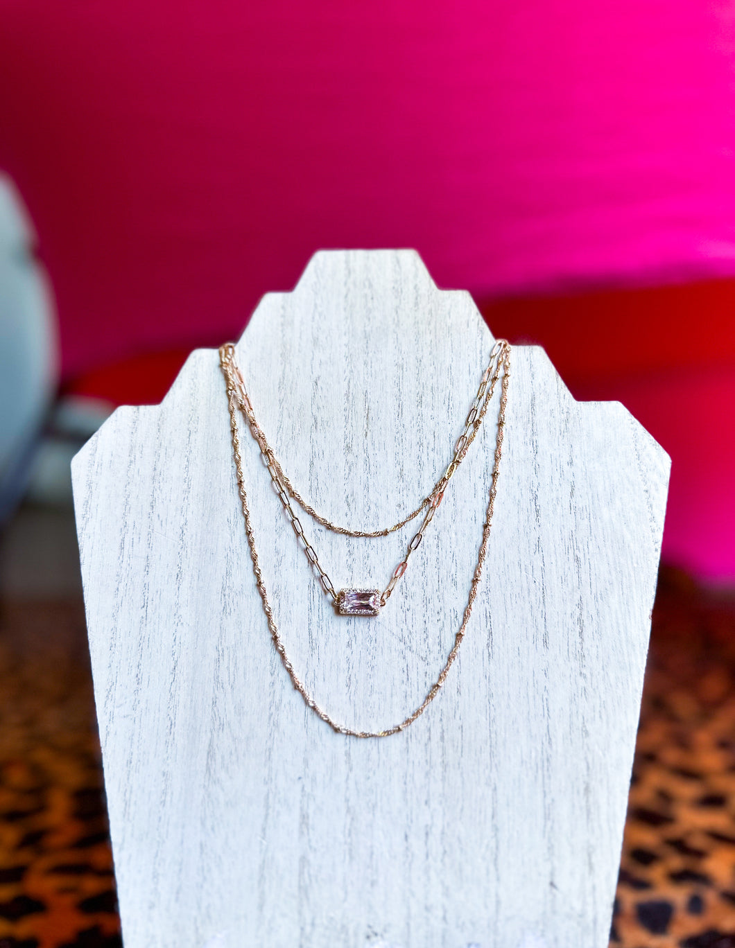 Gold 3 layer necklace w crystal stone