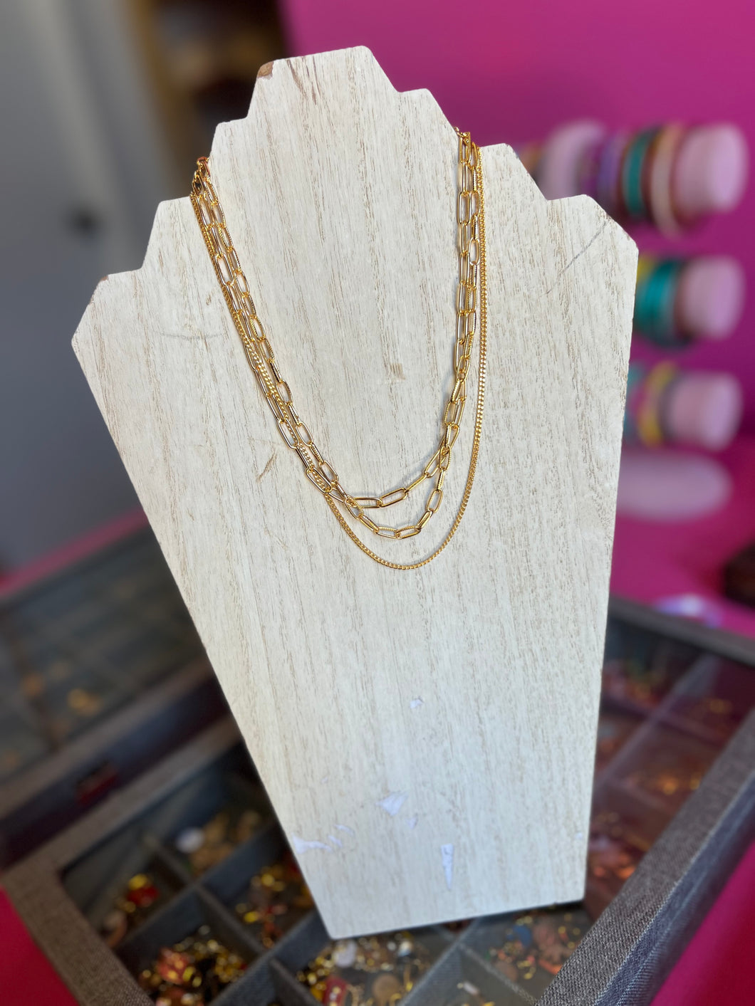 Gold 3 layer paper clip chain necklace