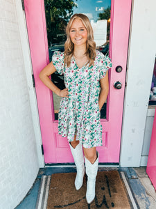 Green and purple floral babydoll dress