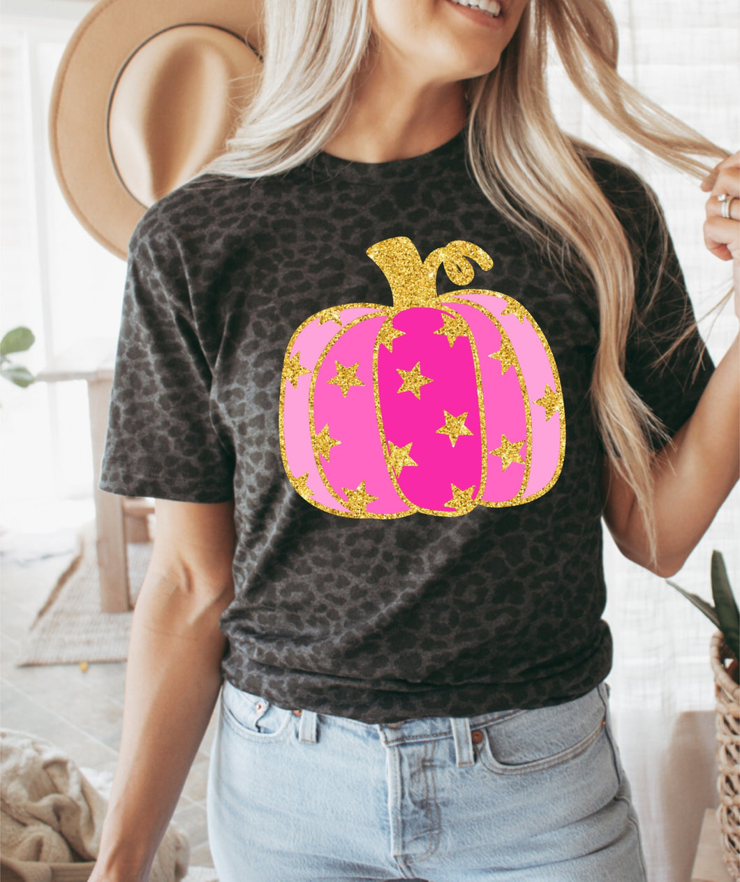 Faux glitter pink star pumpkin tee