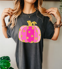 Load image into Gallery viewer, Faux glitter pink star pumpkin tee
