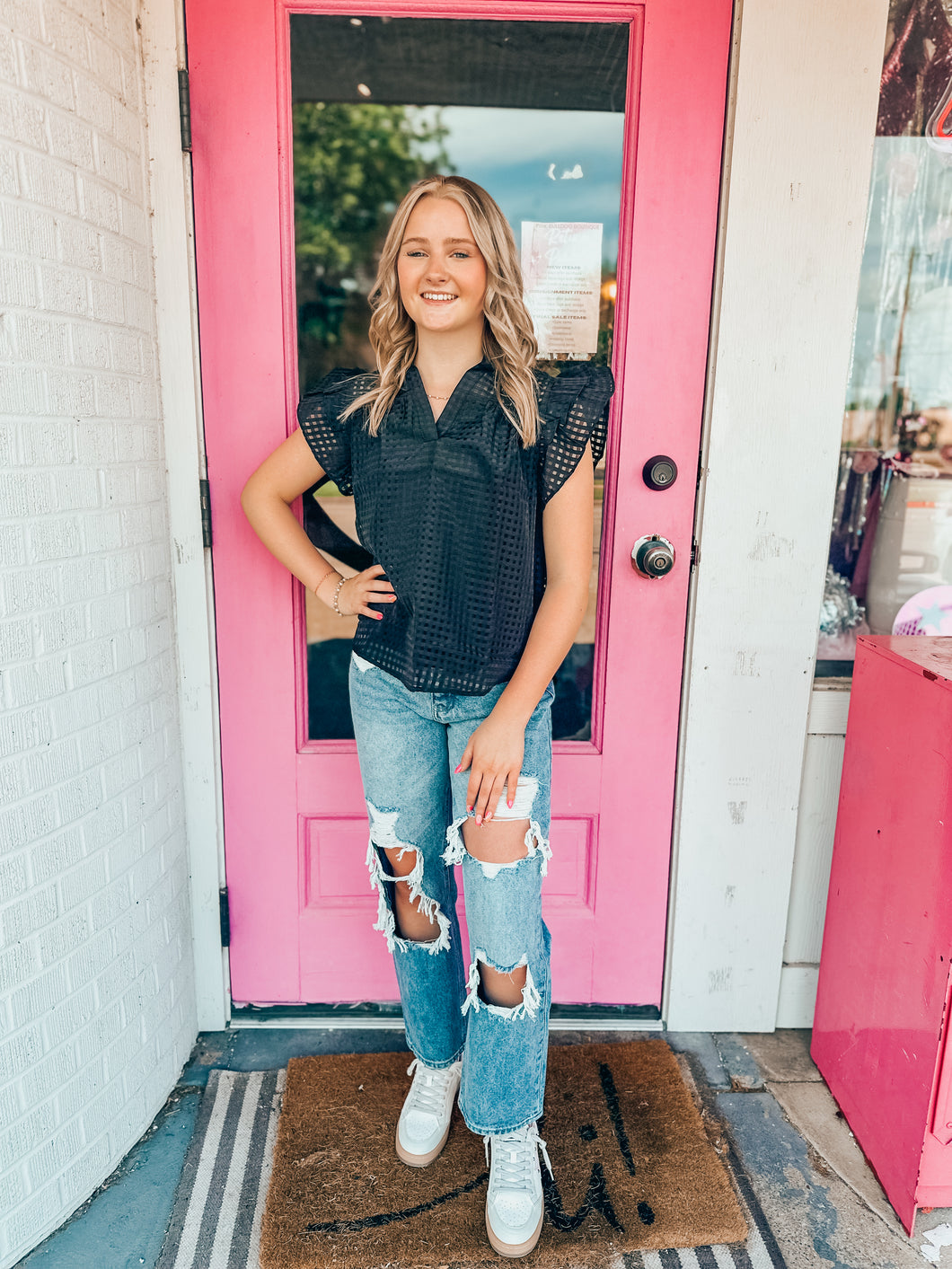 Black checkered organza ruffle top