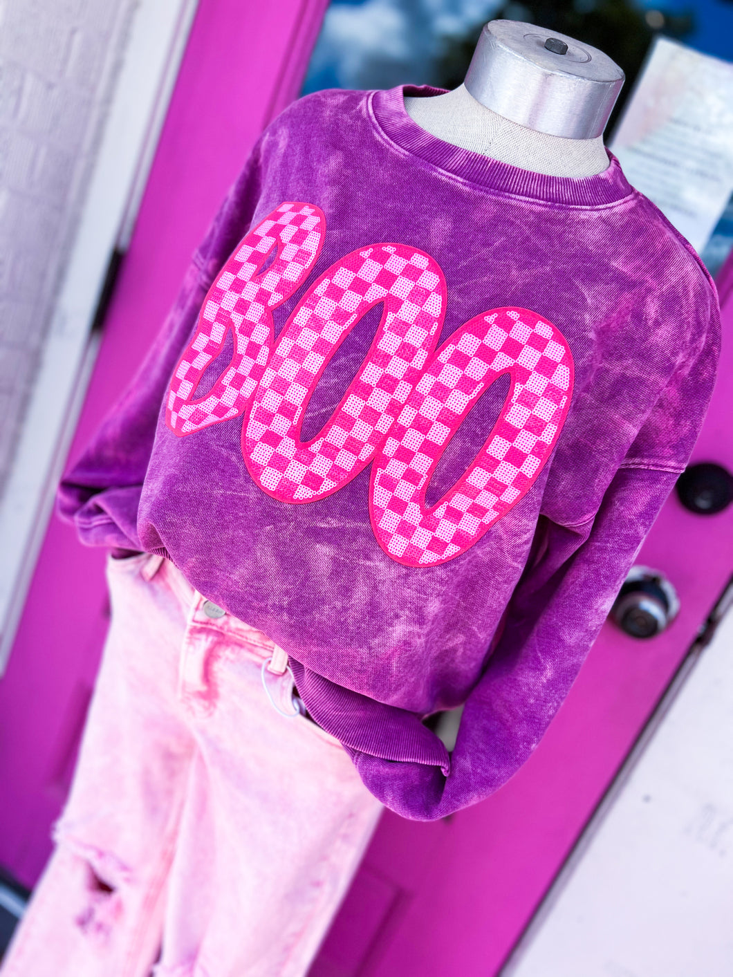 Purple + Pink BOO sequin bleached French Terry sweater