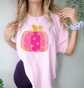 Faux glitter pink star pumpkin tee