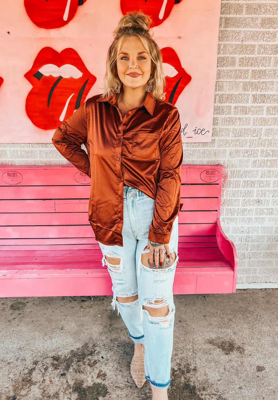 Satin button up collared shirt Pink Bulldog Boutique