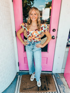 Retro floral puff sleeve top