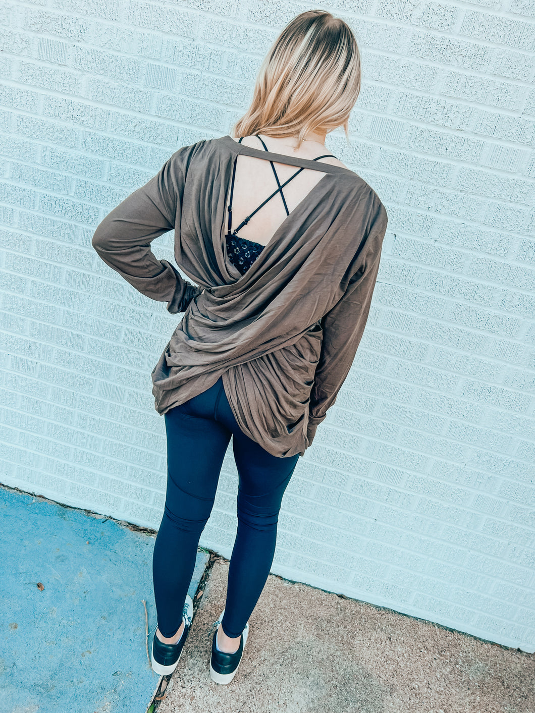 Olive overlay draped back top