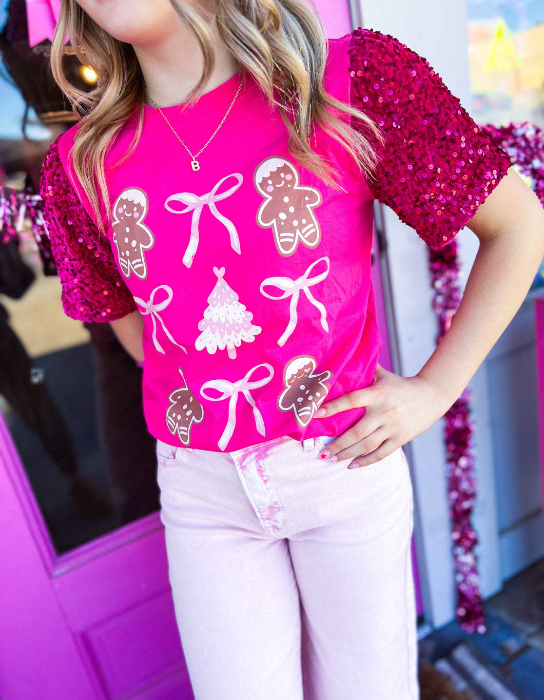 Gingerbread bow grid sequin sleeve top