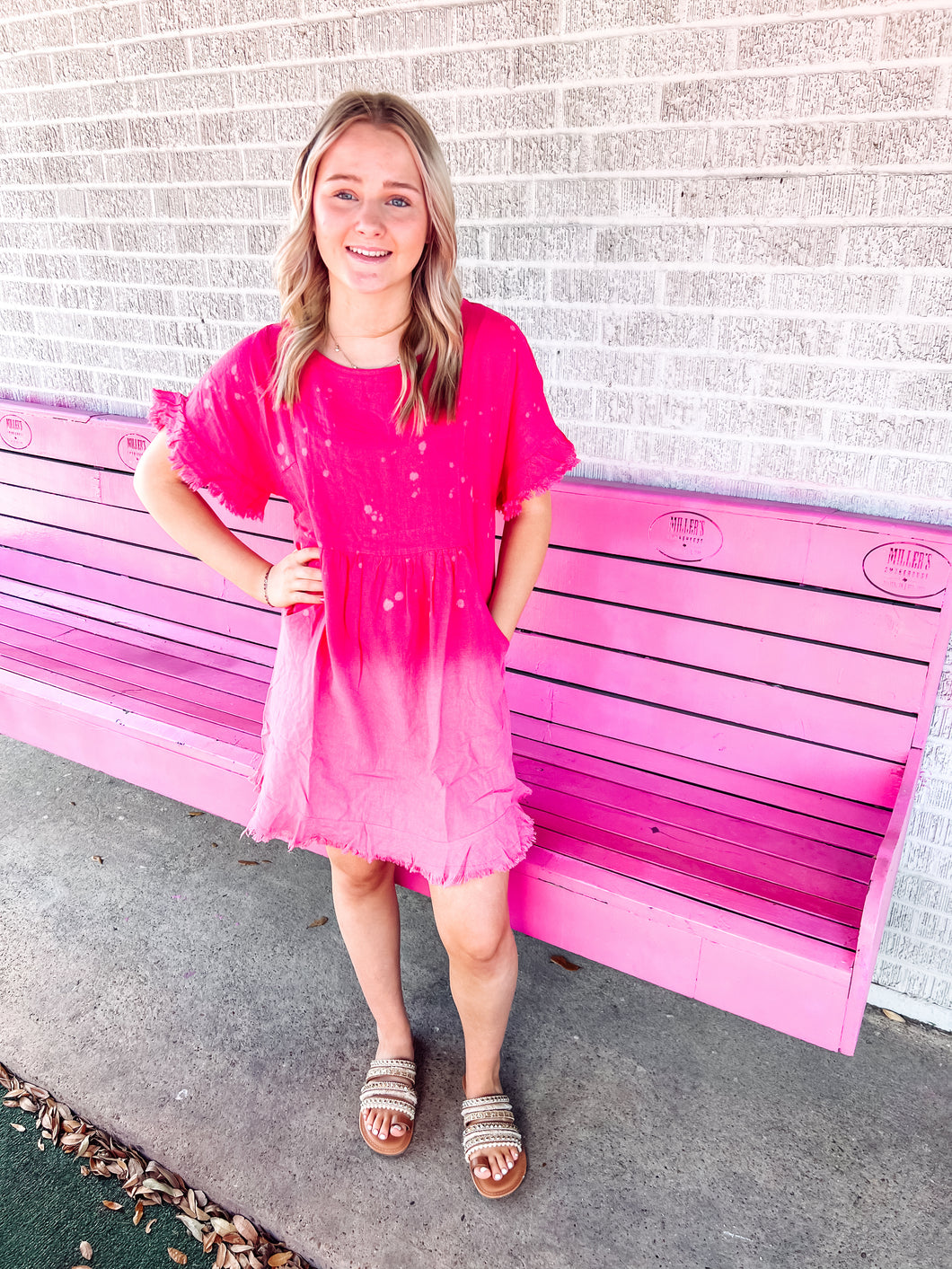 Hot pink bleached linen pocket dress