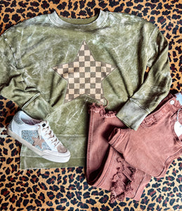 Checkered star olive French terry sweater