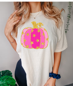 Faux glitter pink star pumpkin tee