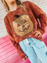 Load image into Gallery viewer, Pumpkin sequin bleached French Terry sweater
